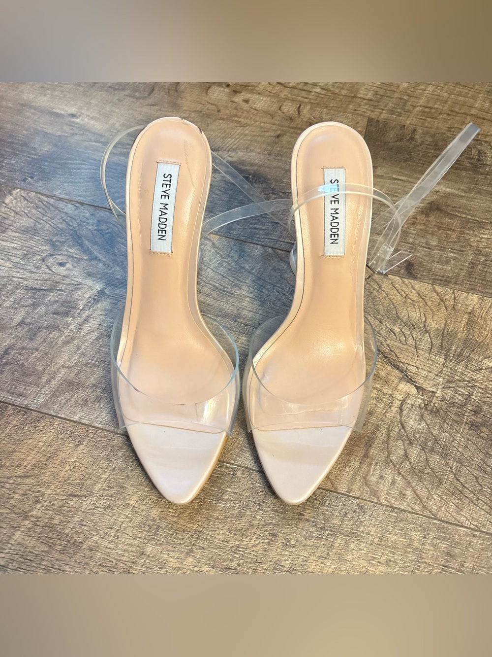 Steve Madden Clear PVC Strap Nude Insole Block Heel Sandals - Picture 2 of 7